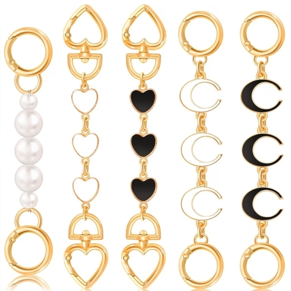 Purse Chain Strap Extenders 5piece In Gold And Black.Moon, Heart, Pearl, New - Picture 1 of 4